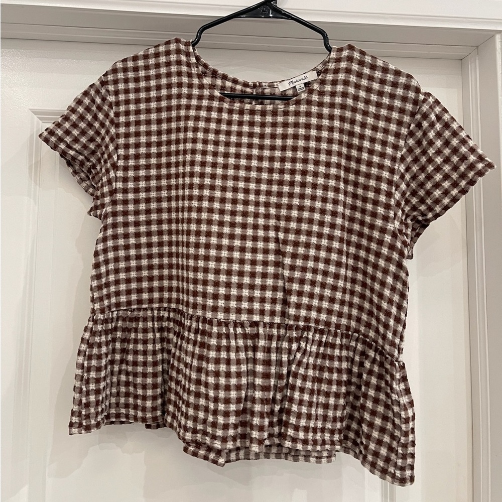 Madewell Checkered Cropped Flare Top with Cap Sleeves
